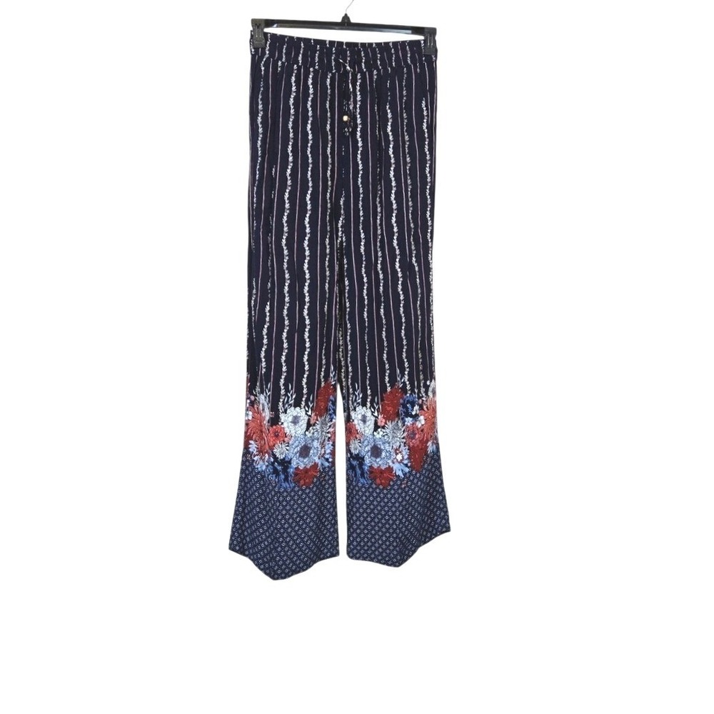 New Directions Womens Navy Floral Striped Wide Leg Geometric Palazzo Pants Large